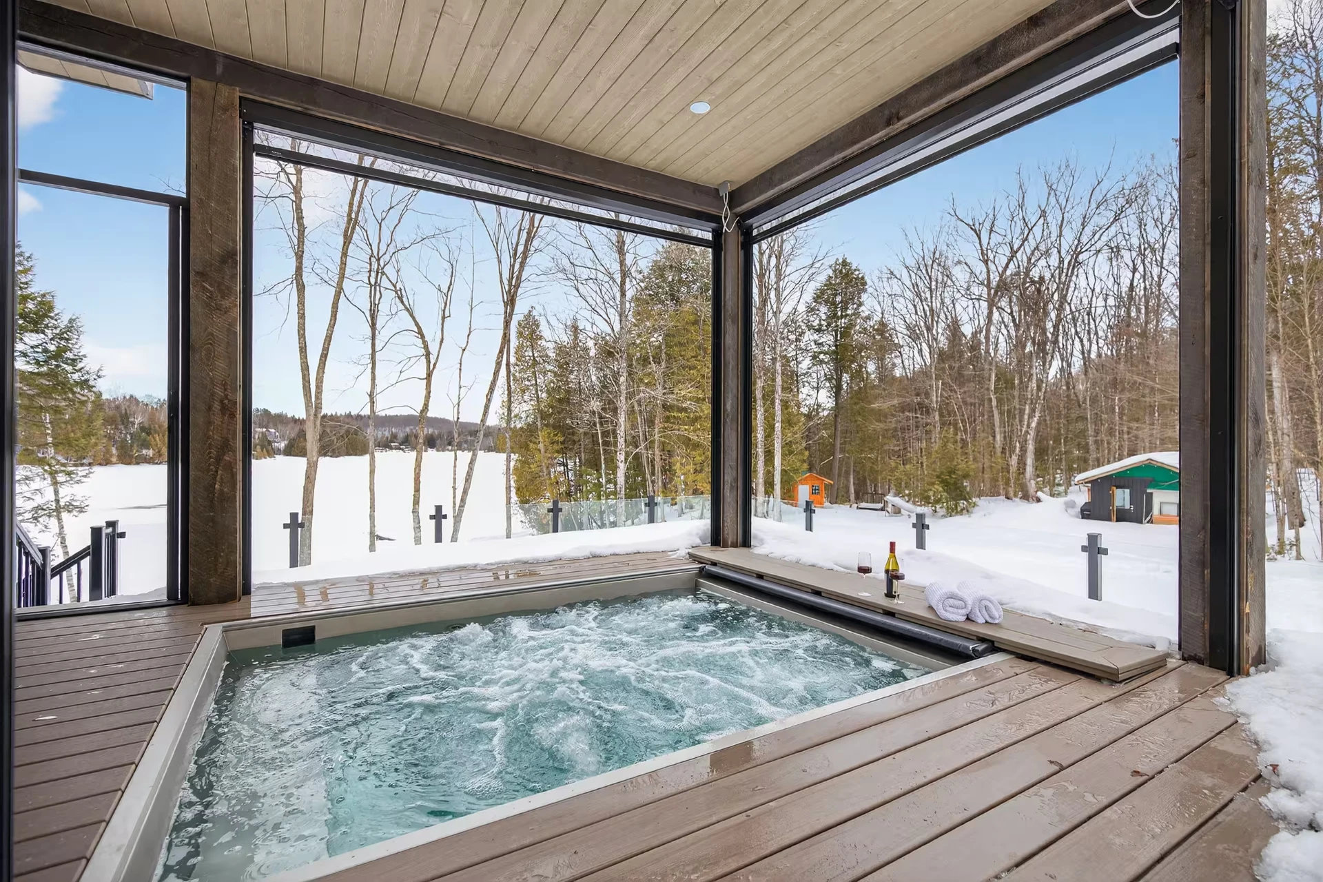 The hot tub on the deck overlooking Fortescue Lake