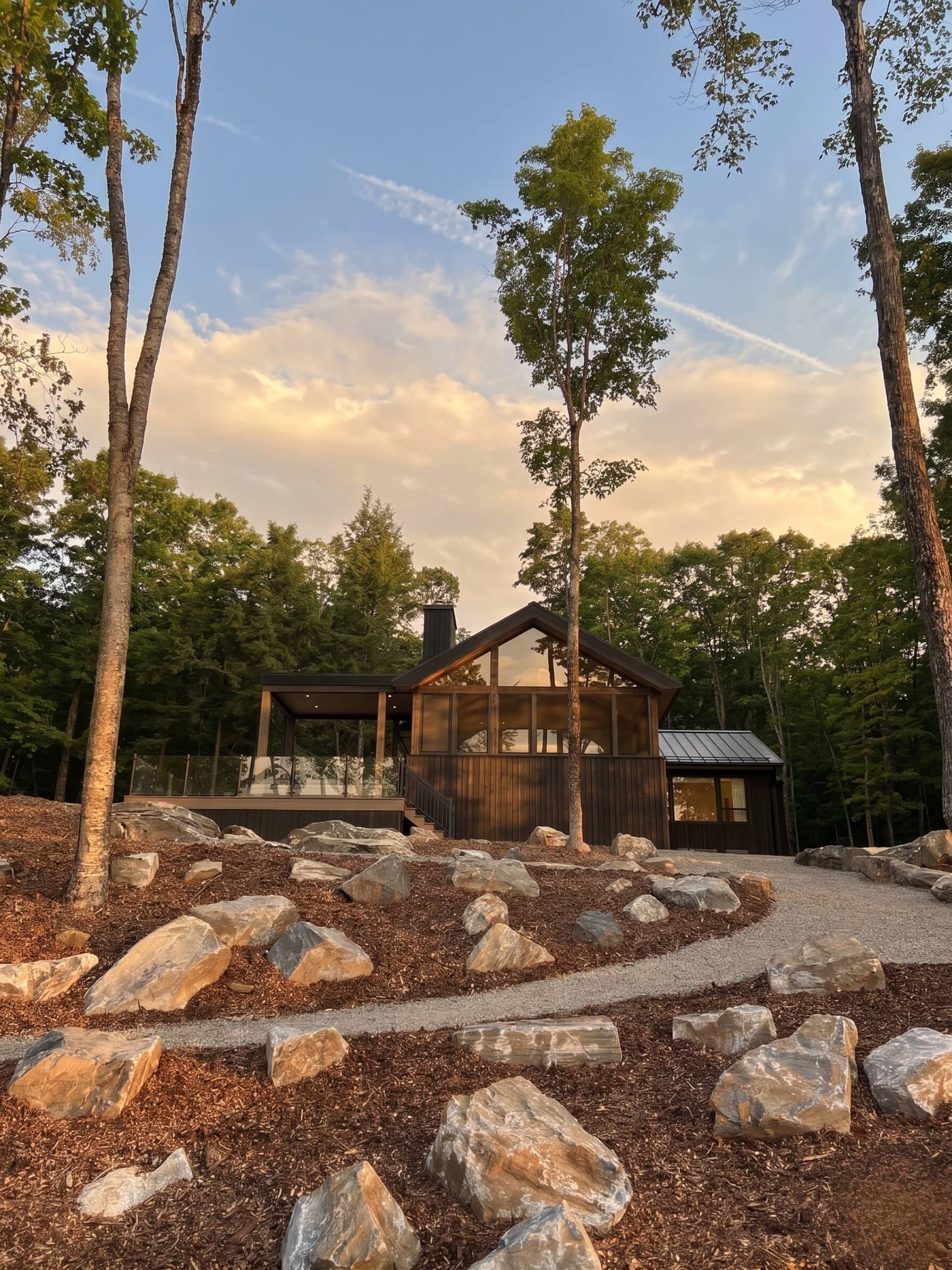 Sparrow Lodge at golden hour, set among the trees