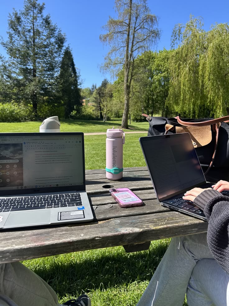 Laptops on a picnic table in the park